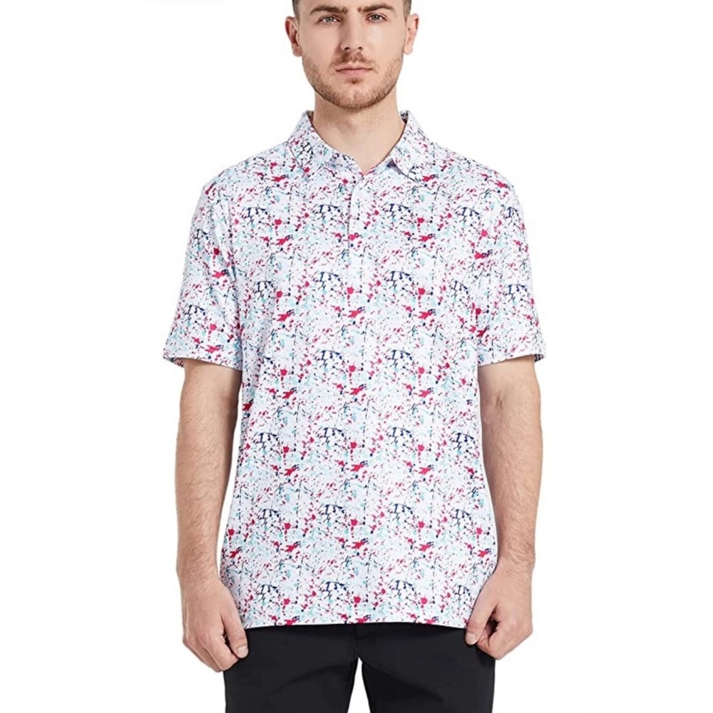 Maelreg Performance Polo Mens Large White Paint Splatter Short Sleeve Golf Shirt
